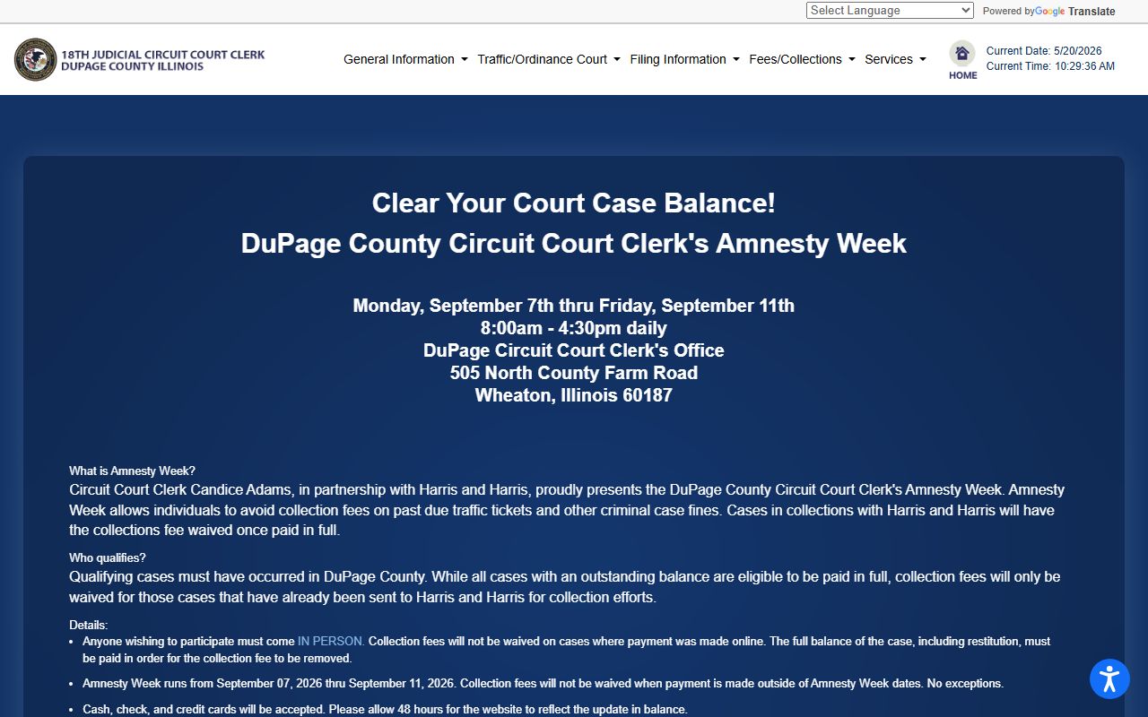 DuPage Circuit Clerk Amnesty Week page on collection fee waiver
