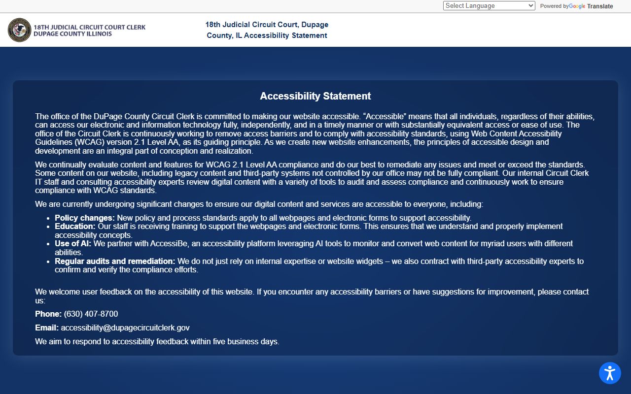 DuPage Circuit Clerk accessibility statement for court records access