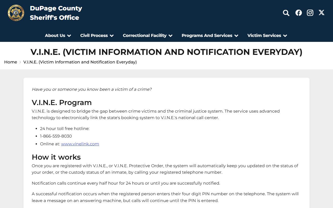 DuPage Sheriff VINE notification page in FAQ