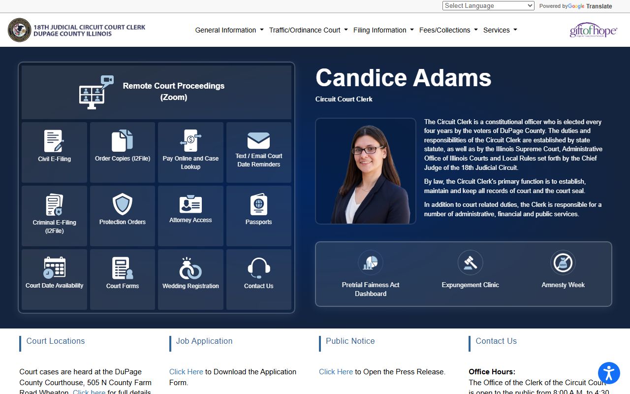 DuPage Circuit Clerk home page for court records