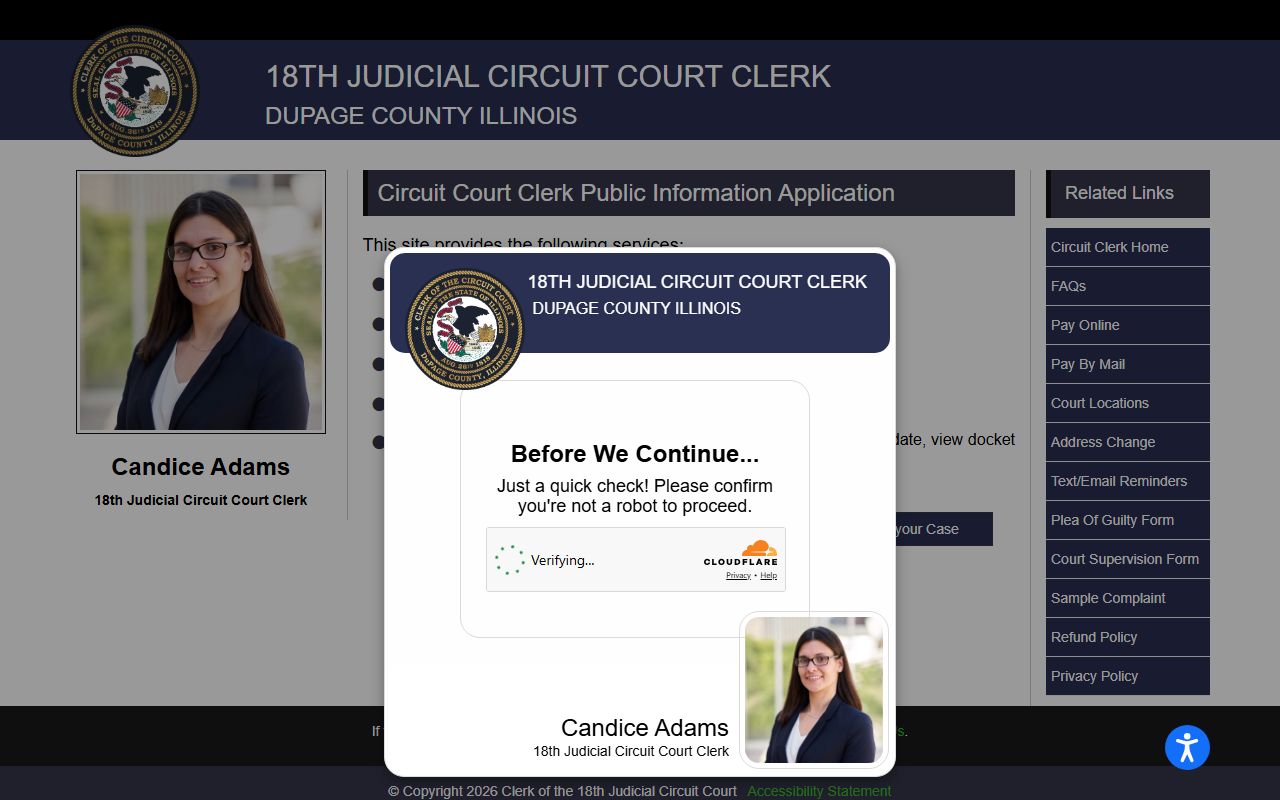 DuPage County Court Public Information Application search page
