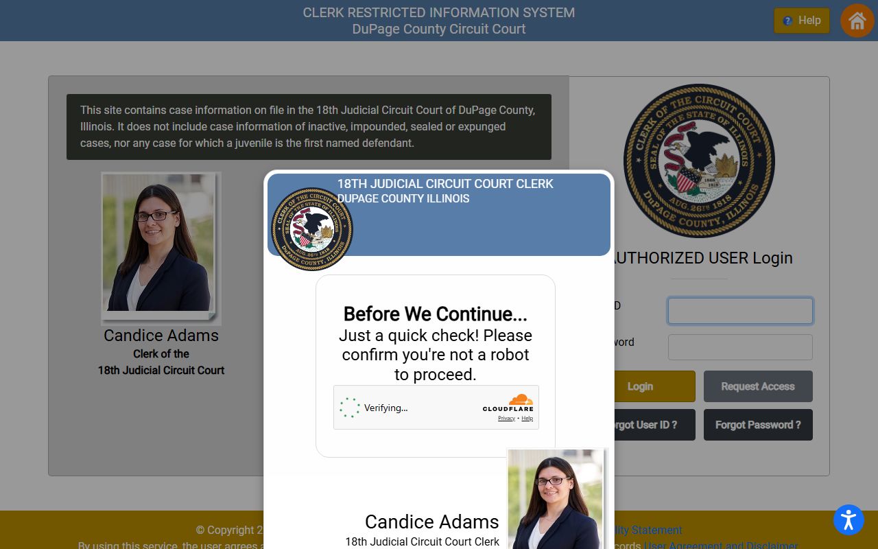 DuPage Circuit Clerk eAccess login page for court records
