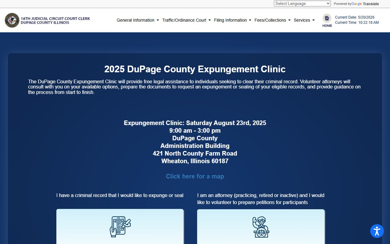 DuPage County Expungement Clinic page with free legal assistance for court records