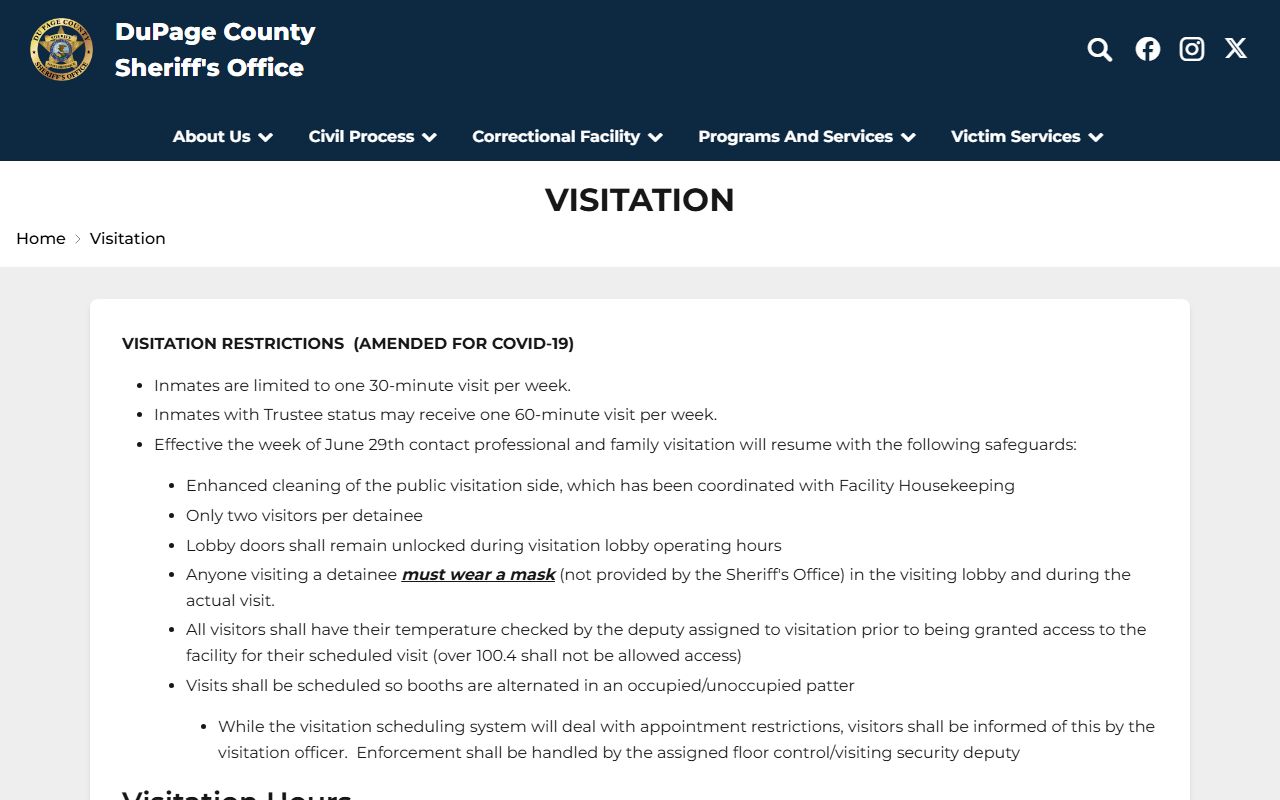 DuPage County jail visitation schedule and rules for inmate records