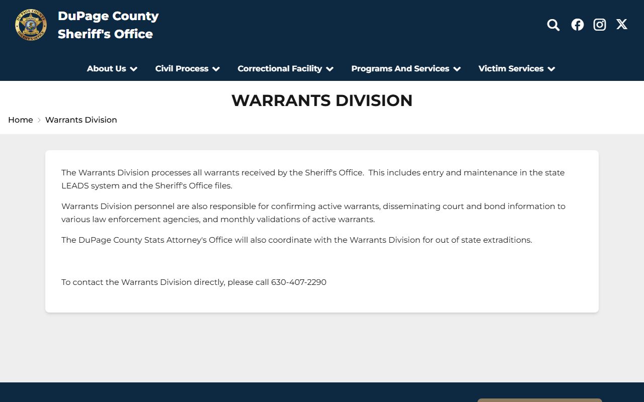 DuPage County Sheriff Warrants Division page for court records