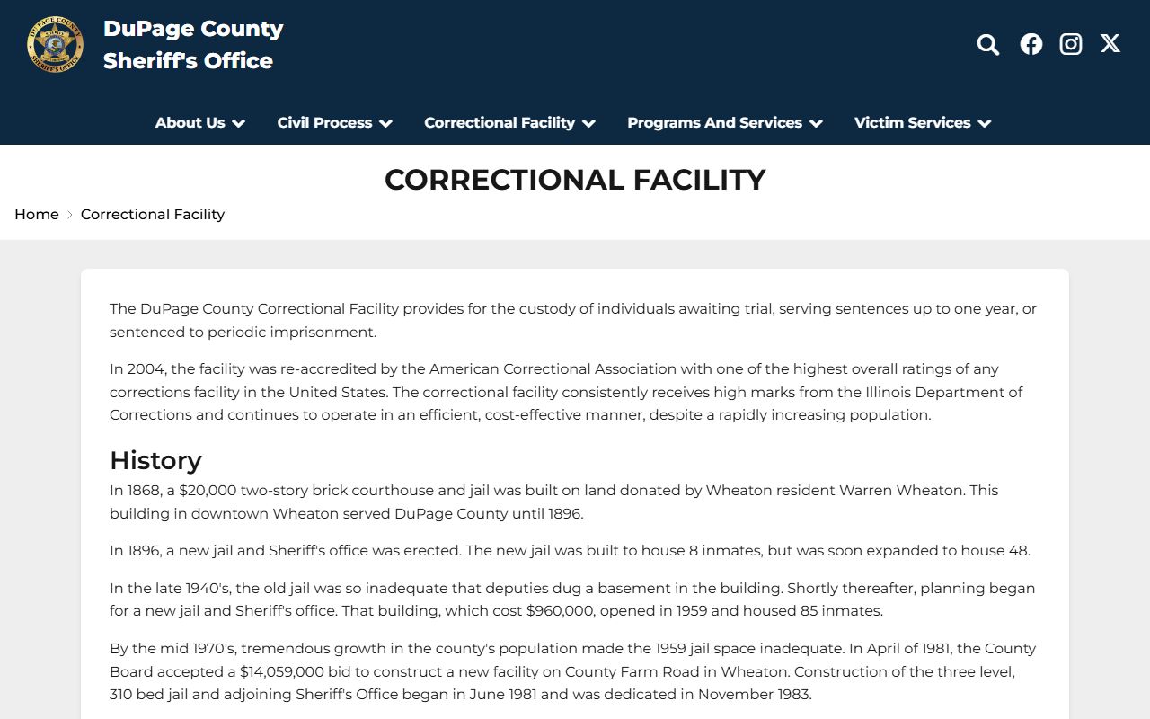 DuPage County Correctional Facility page with inmate population resources