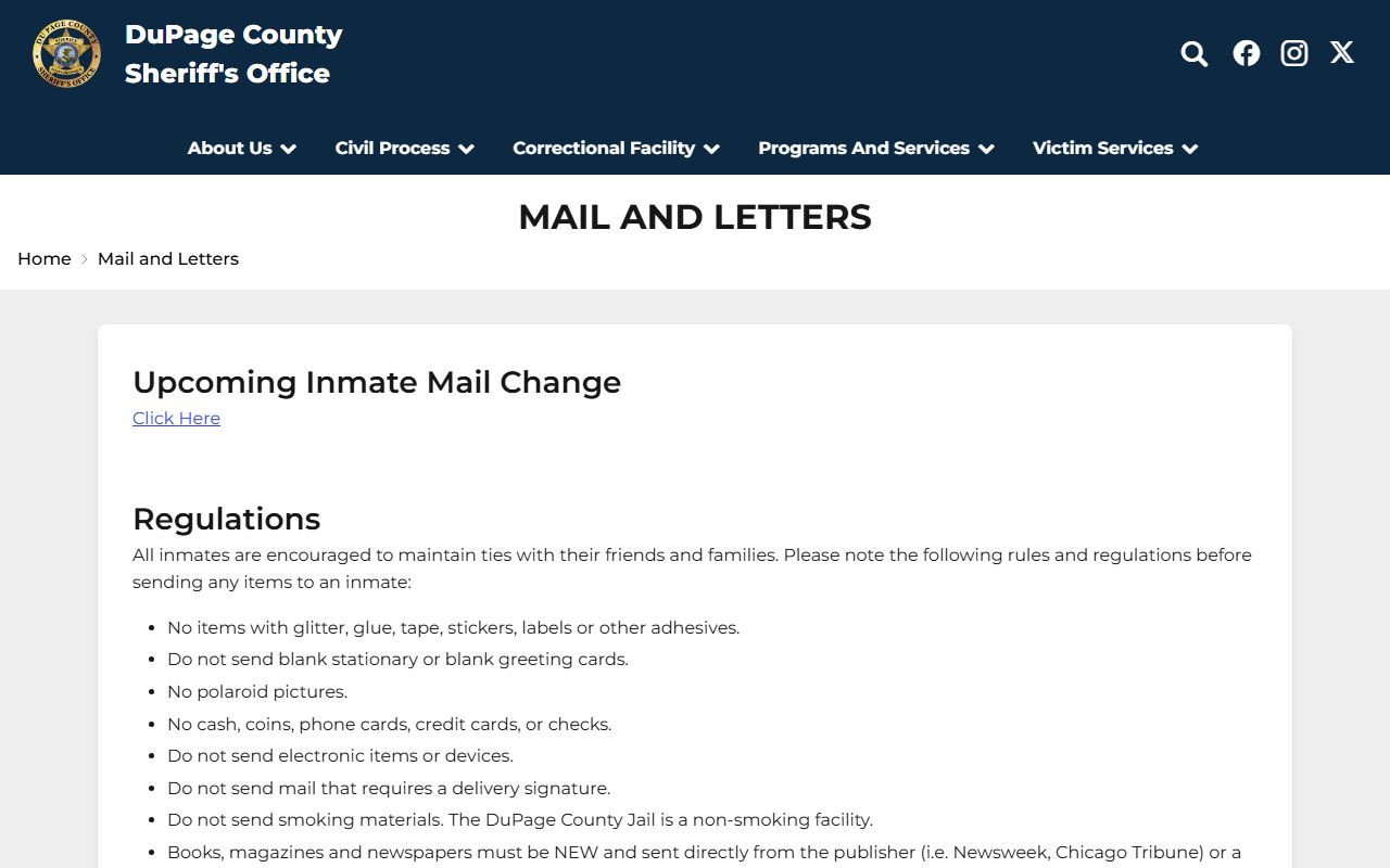 DuPage Sheriff mail and letters page for inmate records