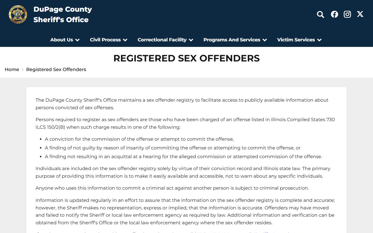 DuPage Sheriff registered sex offender resource for inmate records