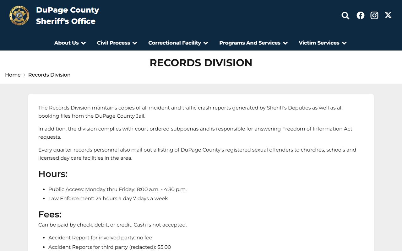 DuPage Sheriff Records Division page for warrant records